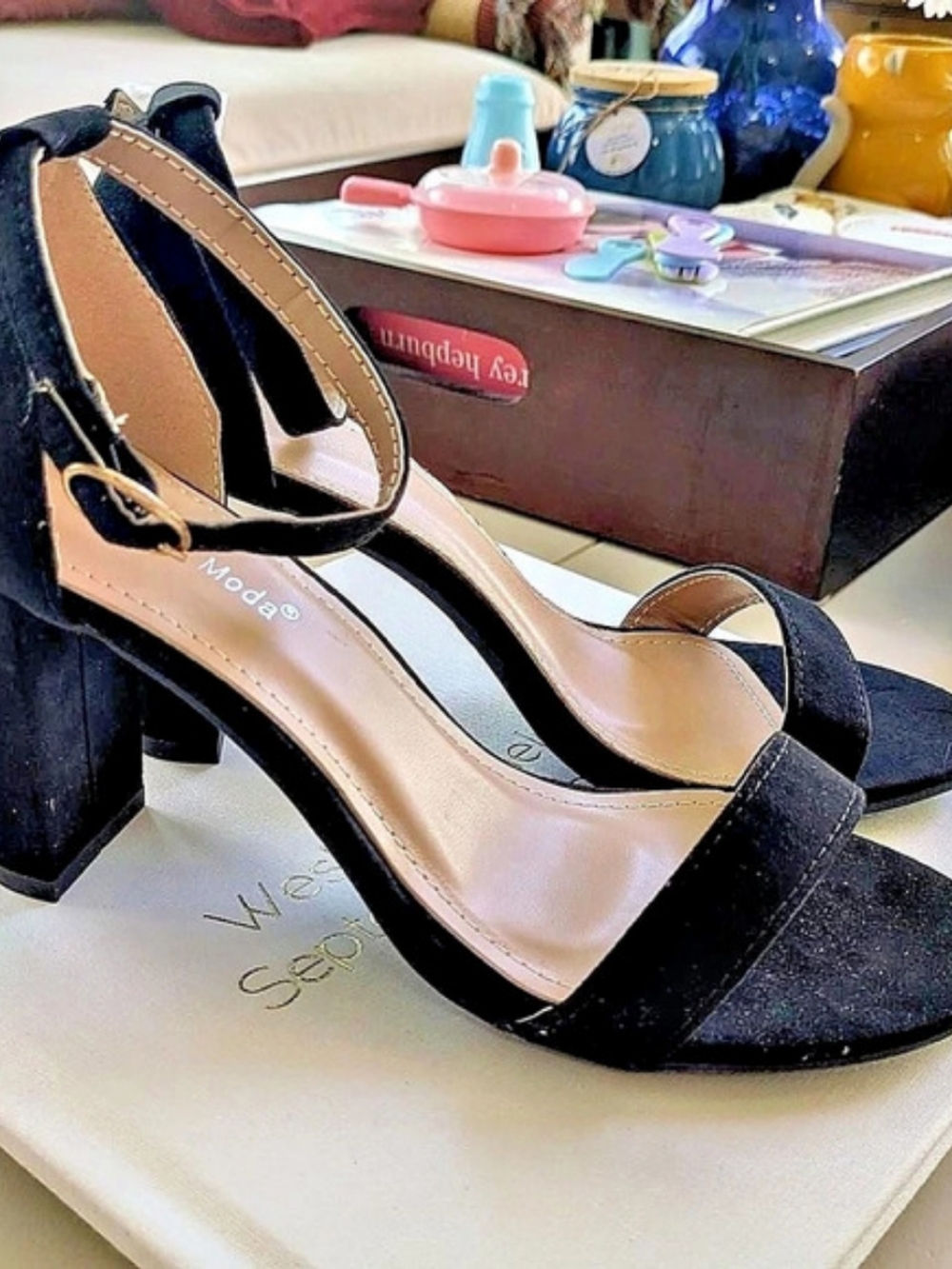 Top Moda Black Ankle Strap Block Heel Sandals